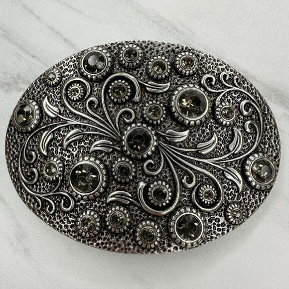 Rhinestone Studded Floral Silver Tone Oval Western Belt Buckle Statement ✨ - Picture 1 of 14